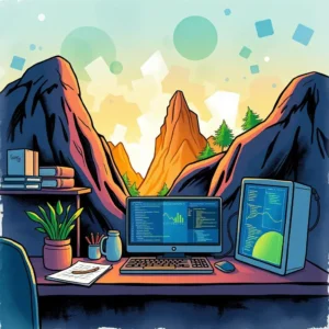 A vibrant workspace overlooking mountains, showcasing code quality metrics on computer screens