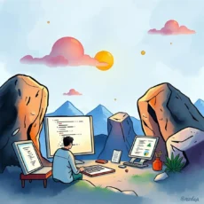 Developer generating code review prompts in a serene outdoor setting.