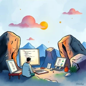 A person typing on a computer in a serene outdoor setting, surrounded by mountains and rocks.