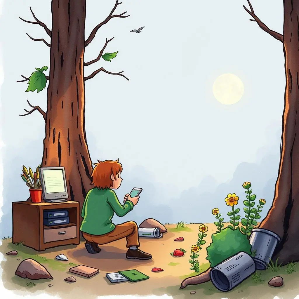 A person examines a device amid foliage, a computer, and tools in an outdoor setting symbolizing version control.