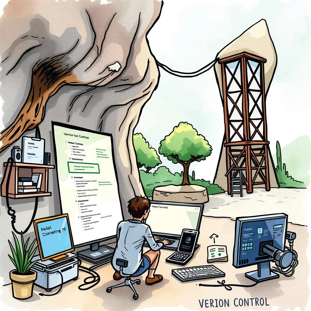 A person using a computer setup among nature while managing version control tasks for a pull request insights tool.