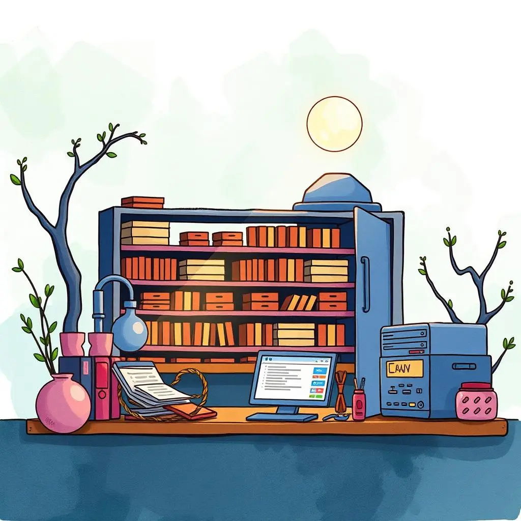 A colorful workspace showcasing a computer, books, and tools, symbolizing software repository analysis.