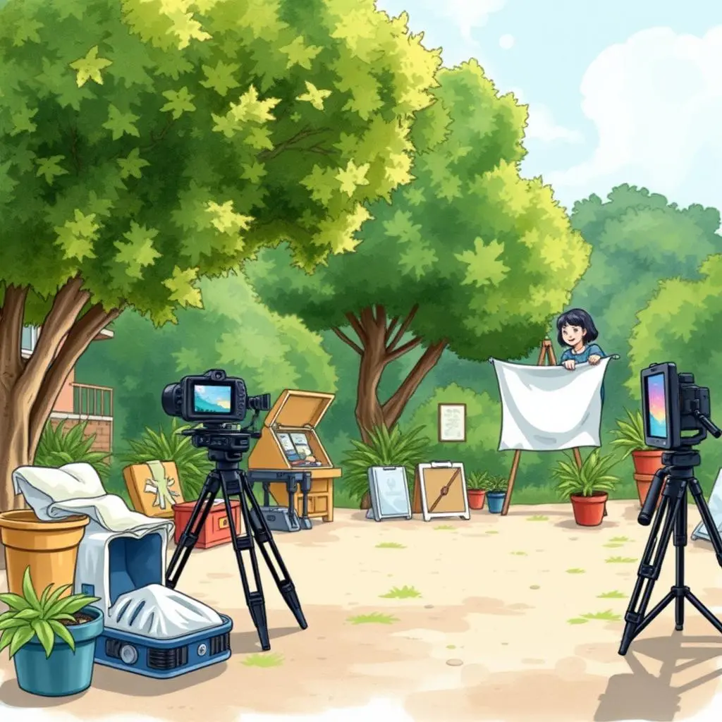 Camera settings optimizer: Provide ideal settings for various filming scenarios 1 A young girl positions a canvas in a vibrant outdoor setting with cameras set for video production.