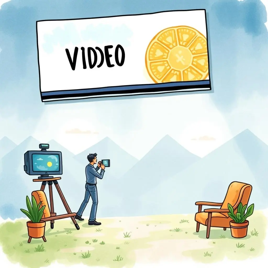 Text-based graphic flow designer: Design dynamic graphic flows from written content 1 A graphic designer setting up a video production scene outdoors.