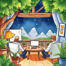 Professionals collaborating in a cozy workspace with mountain views.