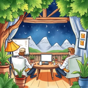 Video feedback synthesizer: Create cohesive feedback summaries from client notes 1 Professionals collaborating in a cozy workspace with mountain views.