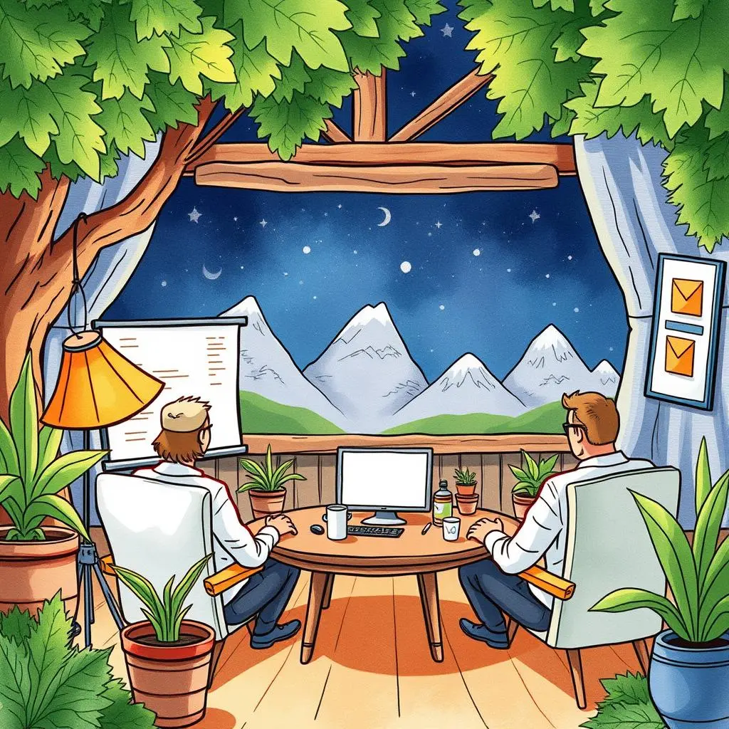 Video feedback synthesizer: Create cohesive feedback summaries from client notes 1 Professionals collaborating in a cozy workspace with mountain views.