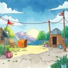 A scenic outdoor backdrop featuring mountains, clouds, and a wooden structure, ideal for video production.