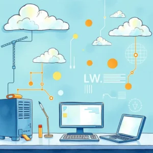 A modern IT workspace illustration featuring a computer setup with cloud elements and virtualization symbols