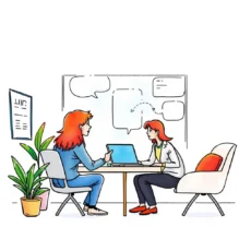 Two women discussing customer feedback while using a laptop in a modern office setting.