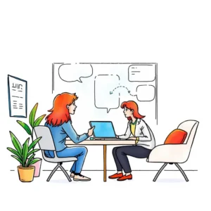 Two women discussing customer feedback while using a laptop in a modern office setting.