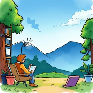 A person sits in a serene outdoor setting using a tablet to assess customer feedback.