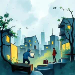 A person analyzes data in an urban setting, symbolizing risk assessment in cybersecurity.