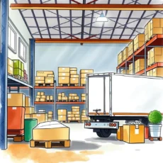 Warehouse interior with boxes and a delivery truck