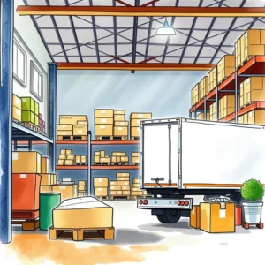 Warehouse interior with boxes and a delivery truck