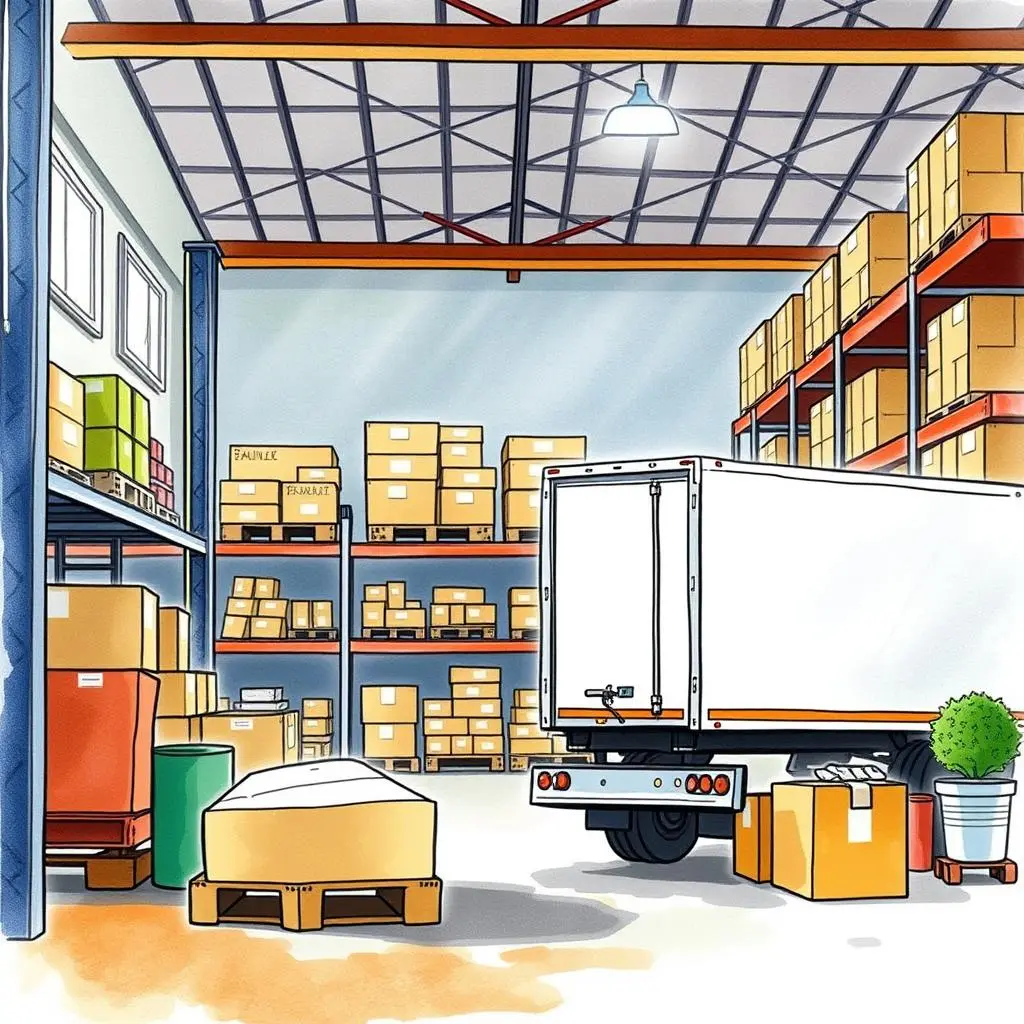 Cost reduction strategy generator: Propose strategies for reducing logistics costs 1 Warehouse interior with boxes and a delivery truck