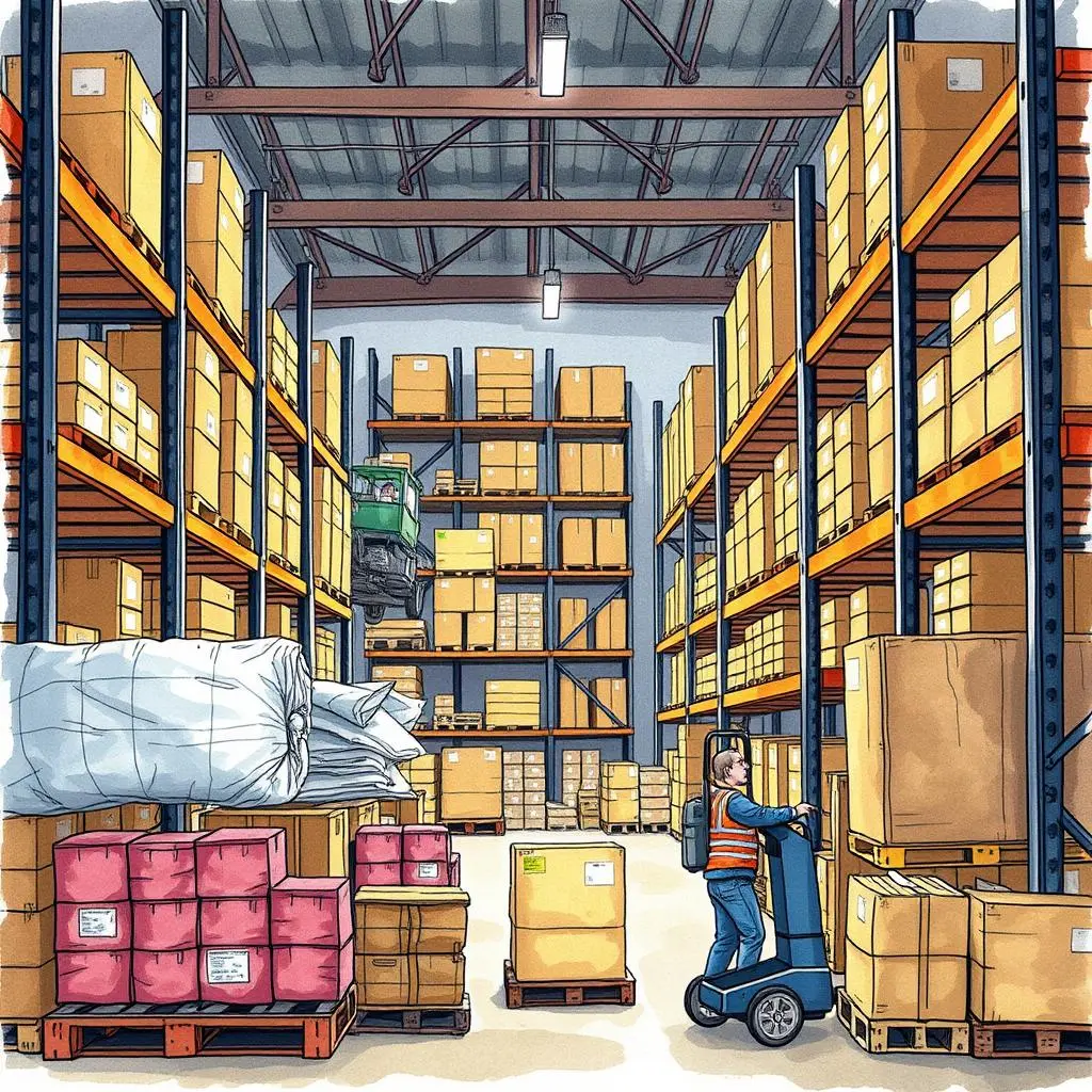 Inventory turnover calculator: Calculate and assess inventory turnover rates 1 Warehouse scene showcasing efficient inventory management with a worker using a cart among stacked boxes.
