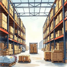 Warehouse filled with organized shelves and packages for efficient order fulfillment.