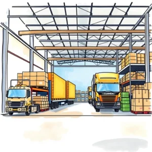 Warehouse interior with trucks and cargo for efficient supply chain cost insights in logistics operations