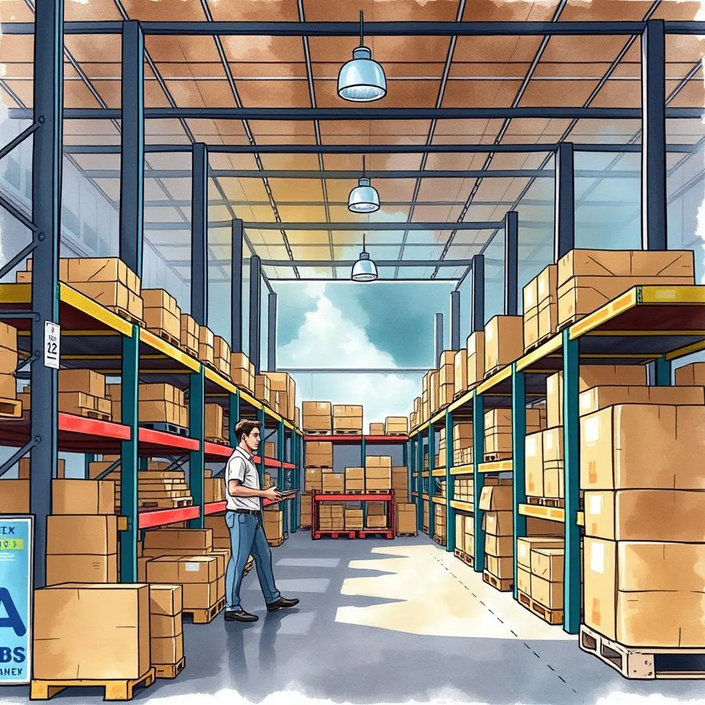 Efficient order picker assistant: Boost productivity in picking orders 1 Efficient Order Picker Assistant in a busy warehouse with organized shelves and a worker managing inventory
