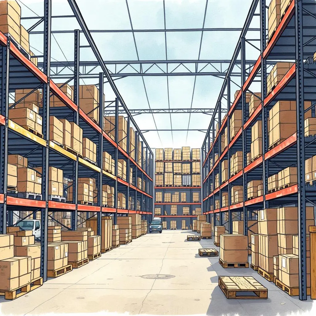 Spacious warehouse aisles filled with organized stacked boxes on shelves.