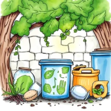 Colorful waste bins and recycling containers in a lush green environment.