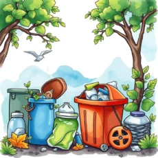 Colorful illustration of waste bins and recycling, promoting effective waste management.