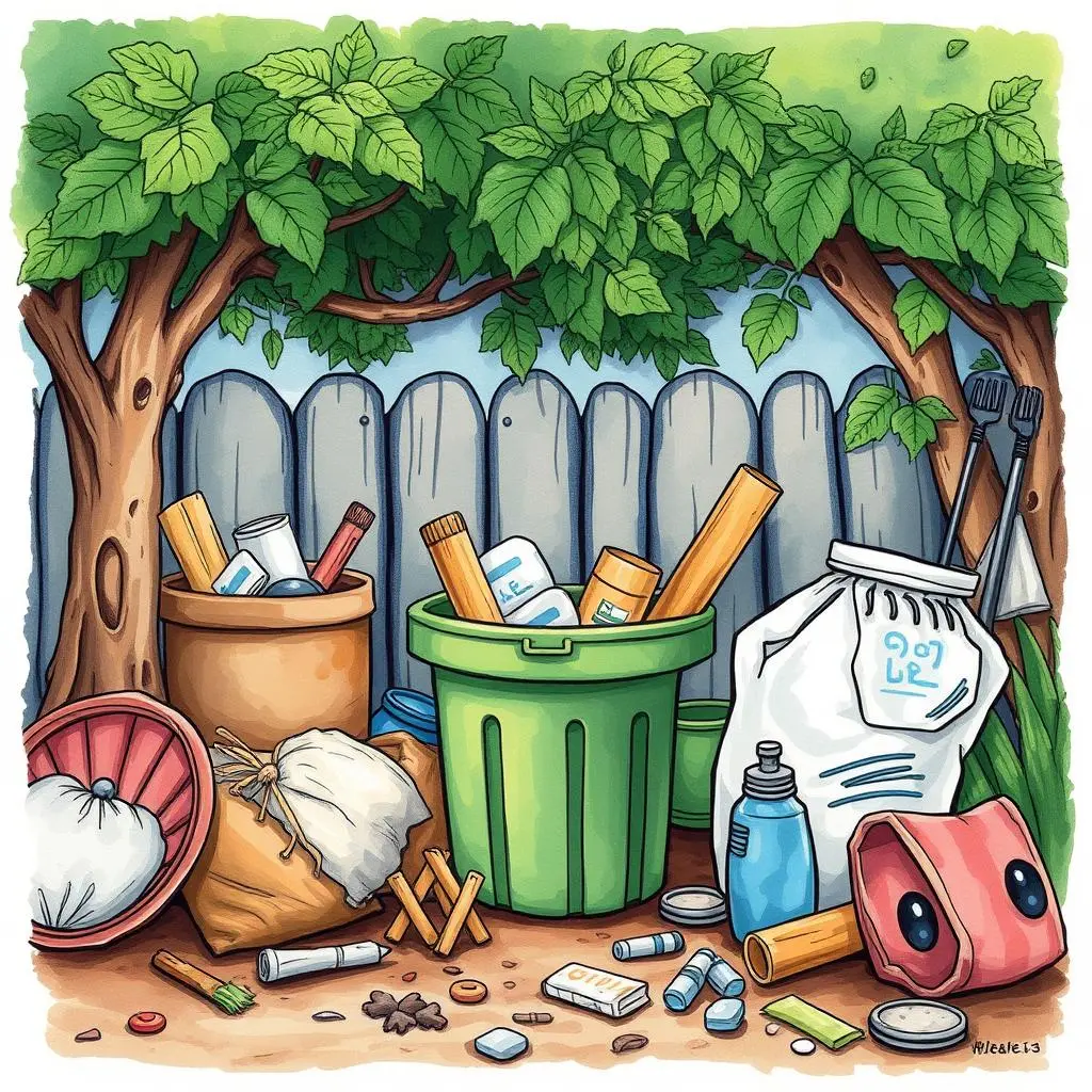 Waste reduction tips generator: Generate actionable waste minimization tips 1 Colorful illustration of waste bins surrounded by a messy, outdoor environment.