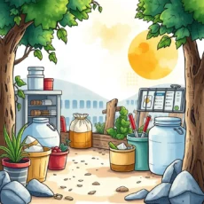 A sustainable workspace illustrating waste reduction tools and strategies in a sunny environment