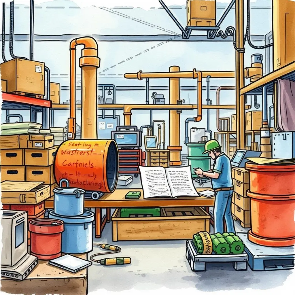 A worker analyzing waste audit data in a manufacturing environment.