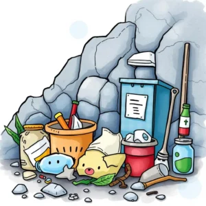 A pile of assorted waste materials near a rocky surface, illustrating the importance of waste reduction.