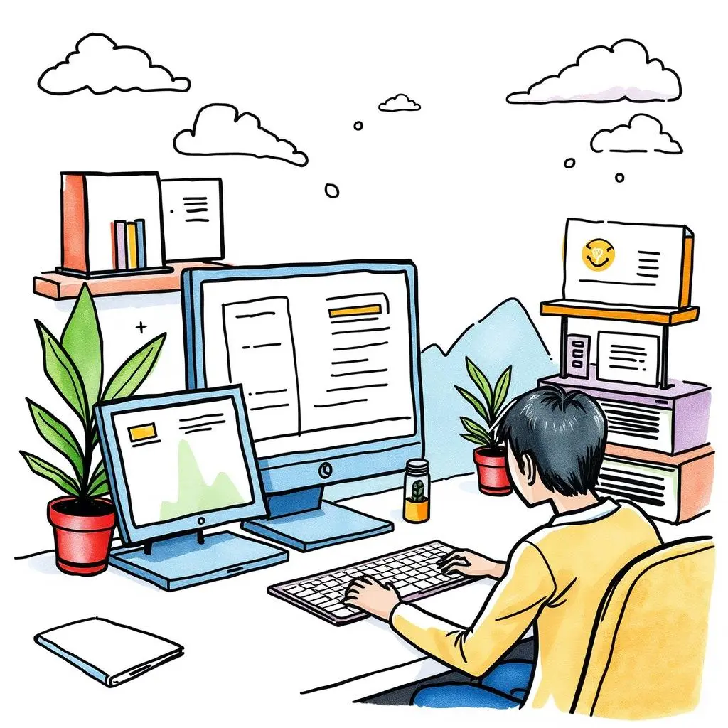 Ai feedback synthesizer: Compile user feedback into actionable insights 1 AI-focused workspace with a user engaged in web development tasks using dual monitors.