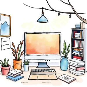 A cozy workspace featuring a computer and plants.