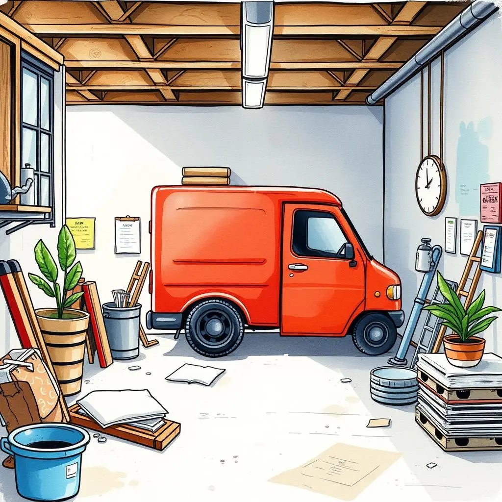 Daily maintenance recap generator: Compile daily updates into clear recaps 1 A vibrant red delivery van parked in a cluttered maintenance workspace filled with tools and paperwork