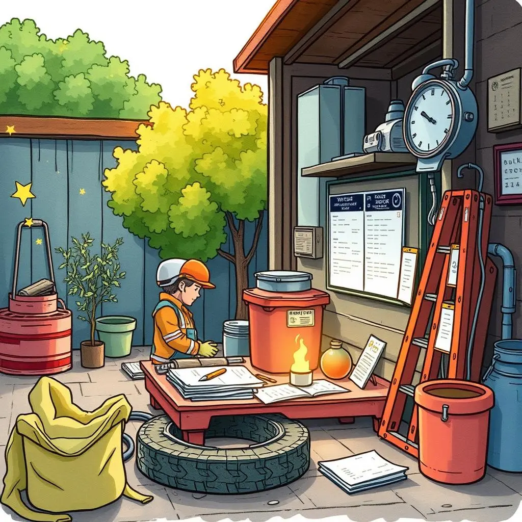 Log insight generator: Offer insights based on maintenance log data 1 A maintenance technician analyzes log data in a facility's outdoor workspace.