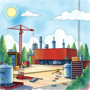 Colorful illustration of a facility under maintenance with equipment and machinery.