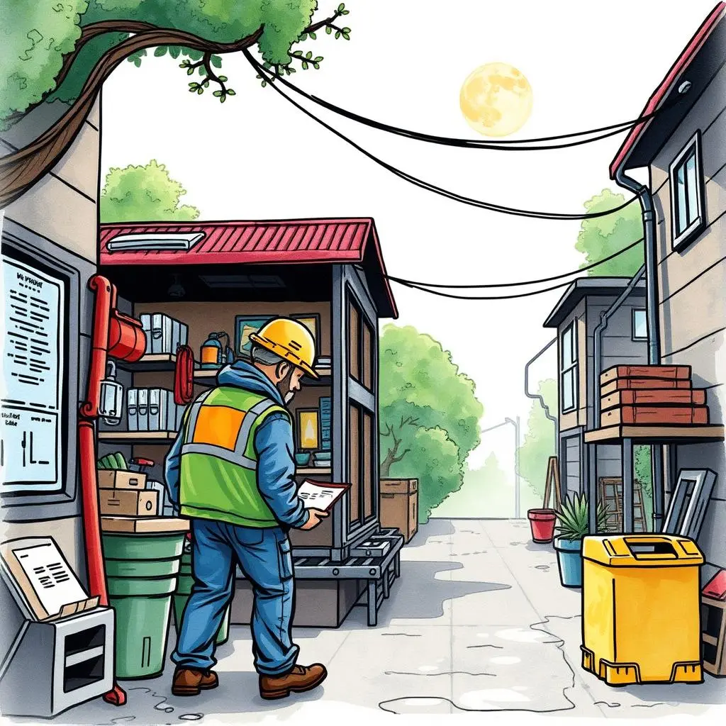 Worker in a hard hat reviews a task sheet in a facility maintenance area with storage solutions.