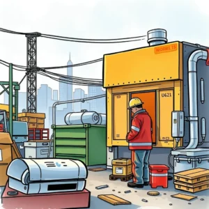 Task urgency ranking system: Evaluate and rank maintenance orders automatically 2 Worker in safety gear assessing a work area with storage units in an urban environment
