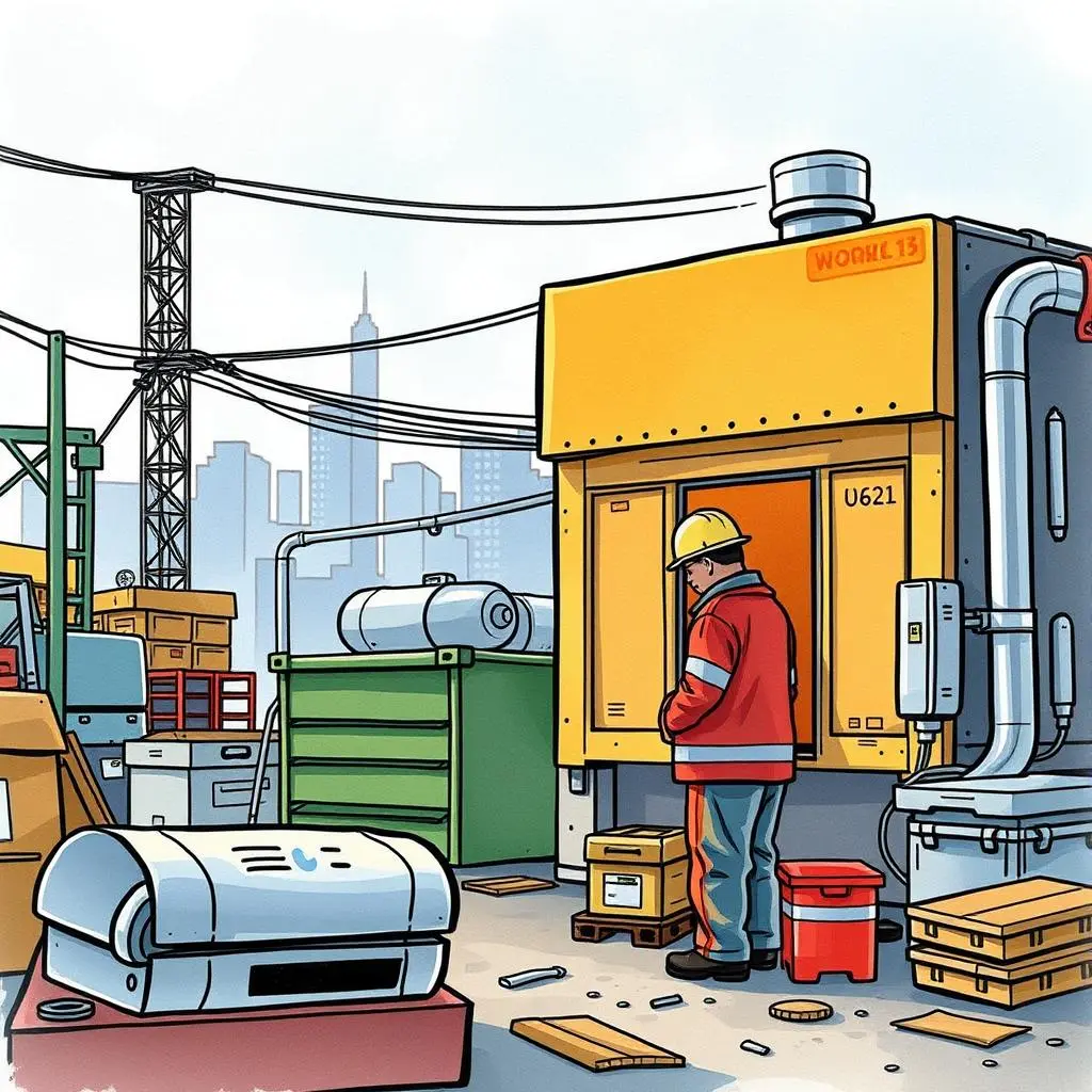 Task urgency ranking system: Evaluate and rank maintenance orders automatically 1 Worker in safety gear assessing a work area with storage units in an urban environment