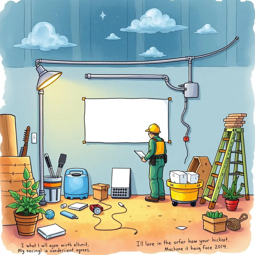 A construction worker standing in a room with work tools, preparing for work order tasks.