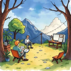 Two professionals discussing workflows outdoors with a computer, surrounded by nature's beauty.