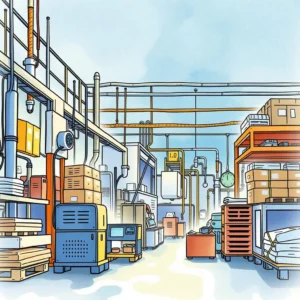 Text entry simplifier: Simplify input workflows for manufacturing data collection 10 Illustration of a manufacturing warehouse with organized data collection tools.