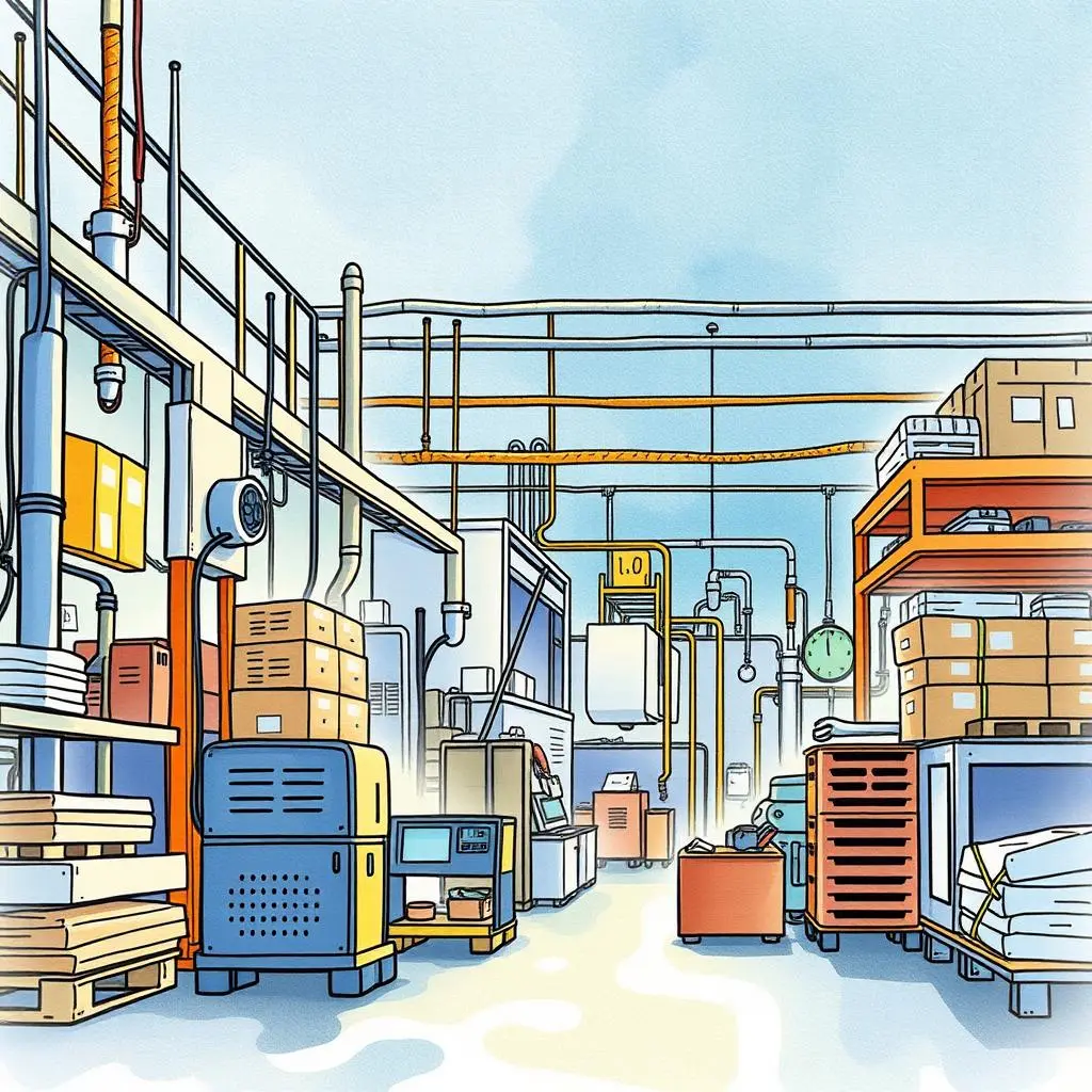 Text entry simplifier: Simplify input workflows for manufacturing data collection 1 Illustration of a manufacturing warehouse with organized data collection tools.