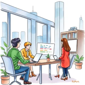 A group of professionals evaluating skills in a modern office