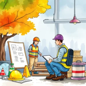 Job safety analysis generator: Generate detailed job safety analysis reports 3 A construction site scene featuring two workers discussing safety protocols