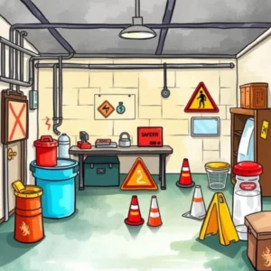 Workplace safety lesson designer: Craft engaging lessons on workplace safety hazards 6 Illustration of a workplace safety training room with hazard signs and equipment.