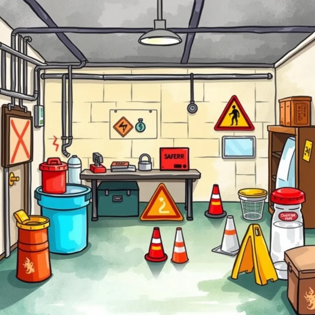 Workplace safety lesson designer: Craft engaging lessons on workplace safety hazards 1 Illustration of a workplace safety training room with hazard signs and equipment.