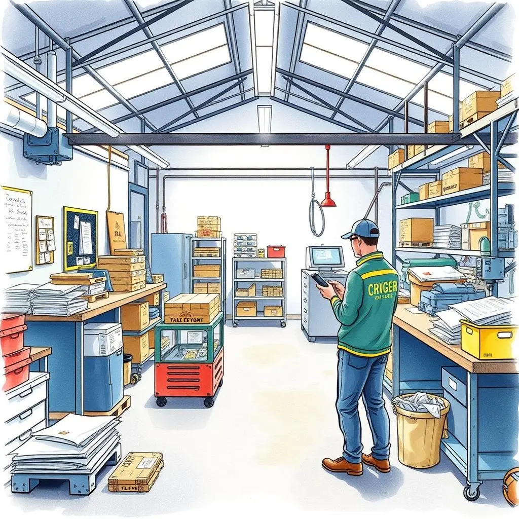 Shine training guidelines creator: Outline training material for facility upkeep 1 A workspace featuring organized shelving, equipment, and a focused worker.