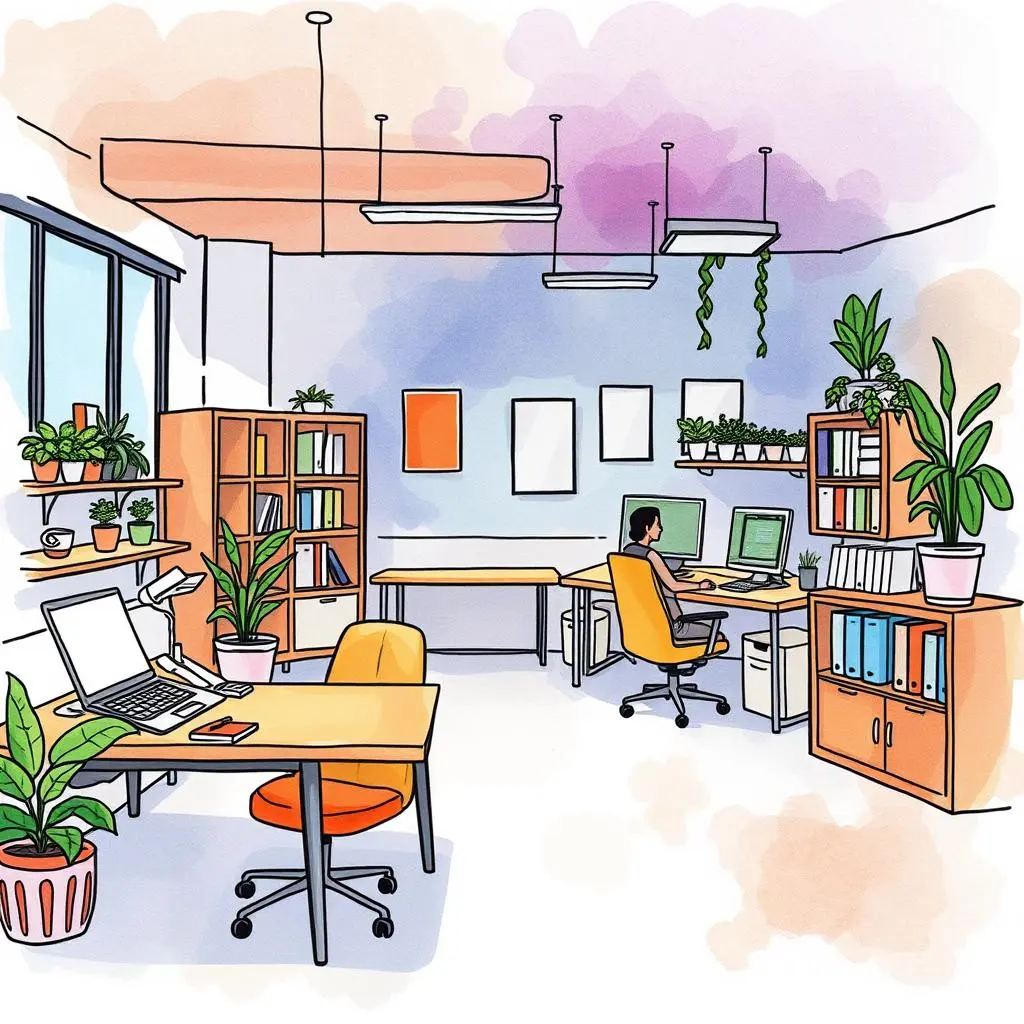 Documentation assistant: Draft comprehensive documentation for space planning 1 A modern office space featuring workstations, plants, and a person focused on documentation tasks.