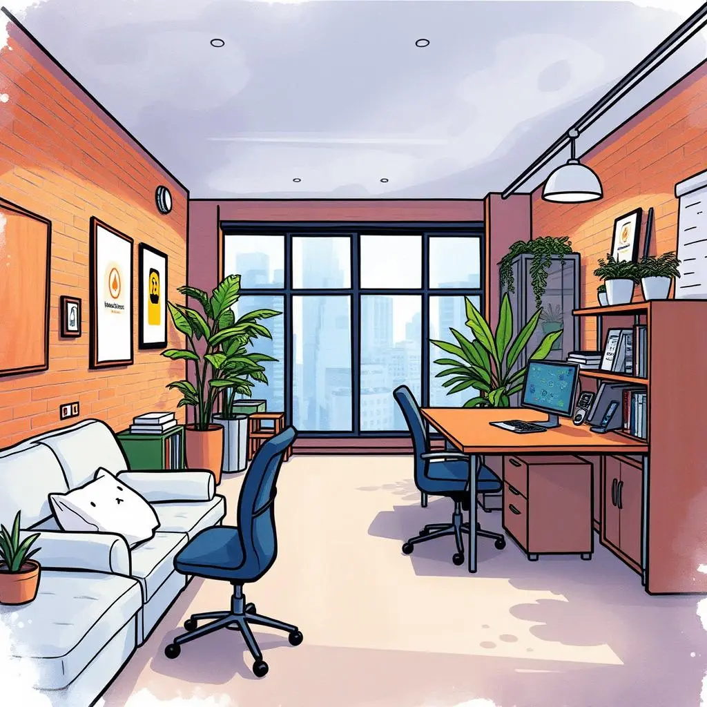 Expense forecasting tool: Predict future expenses of workspace allocation 1 A modern workspace featuring desks, plants, and a view, ideal for expense forecasting tasks